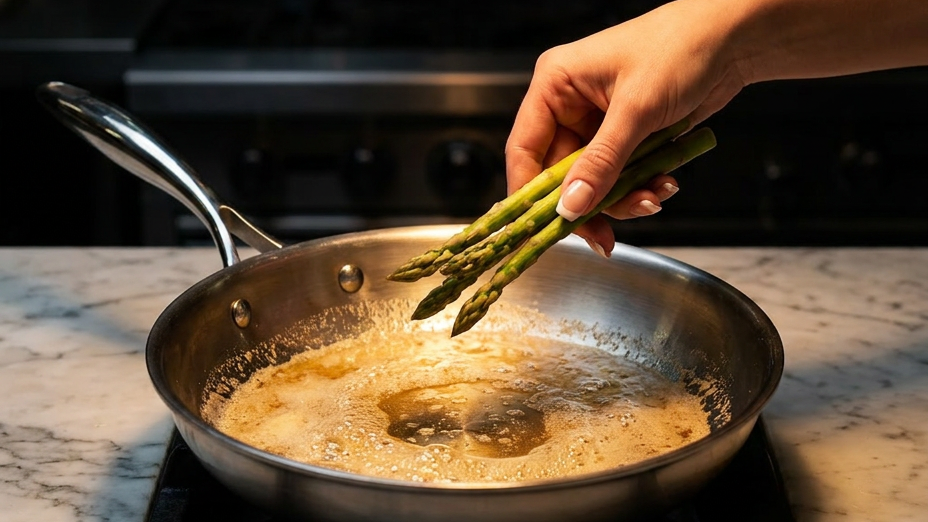 Persona che cucina con padella in acciaio inox SilverPlus e coperchio — immagine generata con AI
