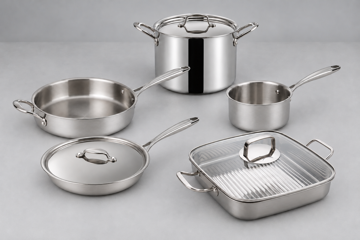 Set SilverPlus Completo 5 pezzi in acciaio inox: padella con coperchio, sauteuse, casseruola, pentola da brodo e bistecchiera — immagine generata con AI