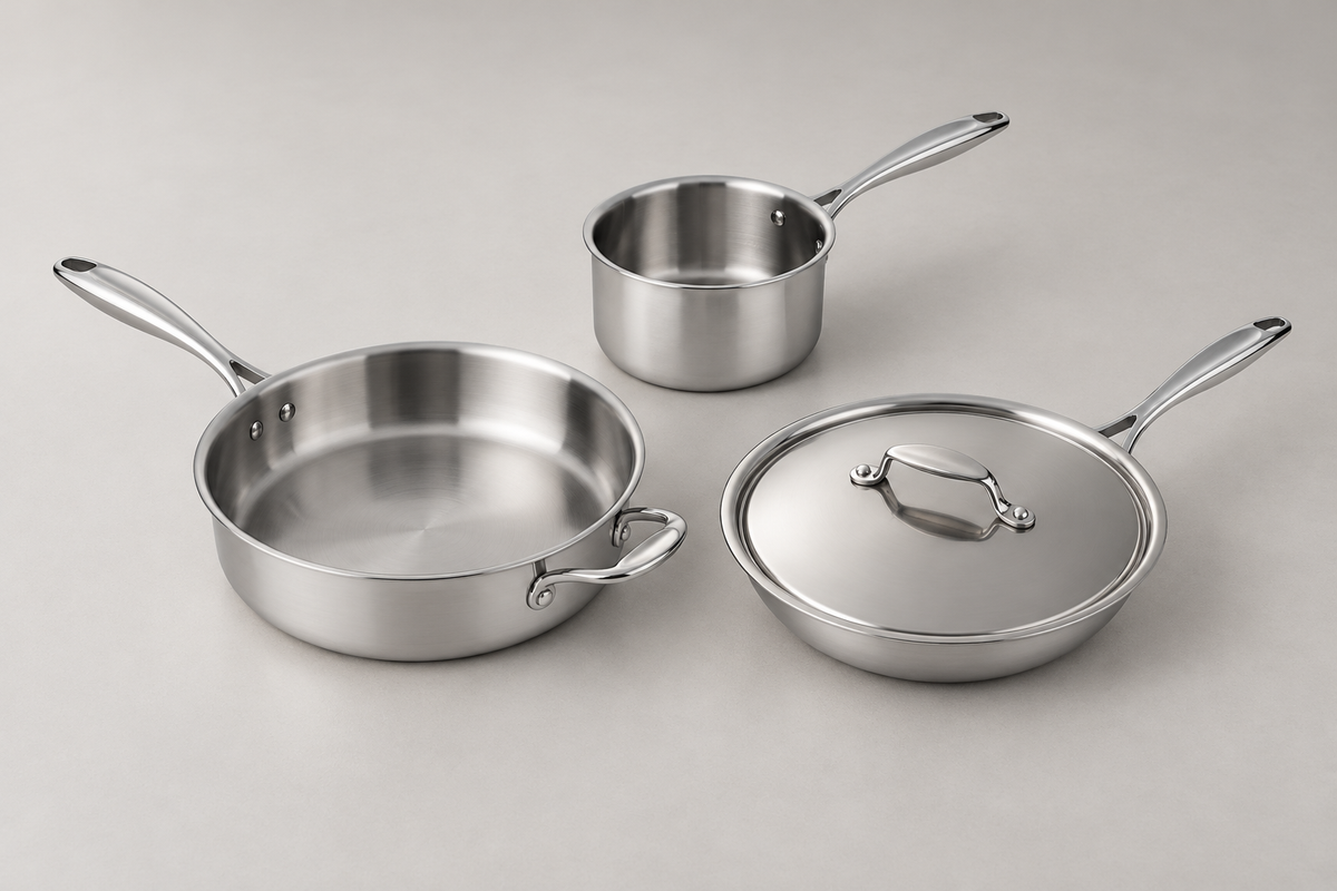 Set SilverPlus padella con coperchio, sauteuse e casseruola in acciaio inox — immagine generata con AI