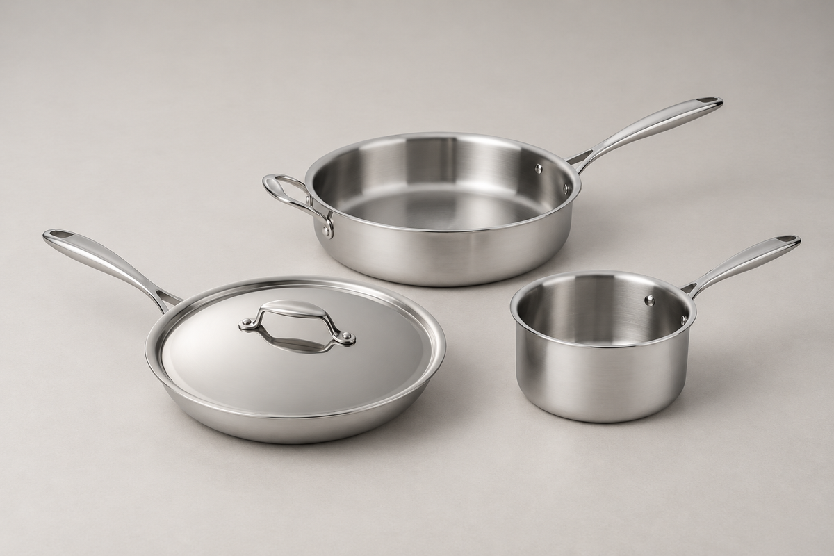 Set SilverPlus sauteuse, casseruola e padella con coperchio in acciaio inox — immagine generata con AI