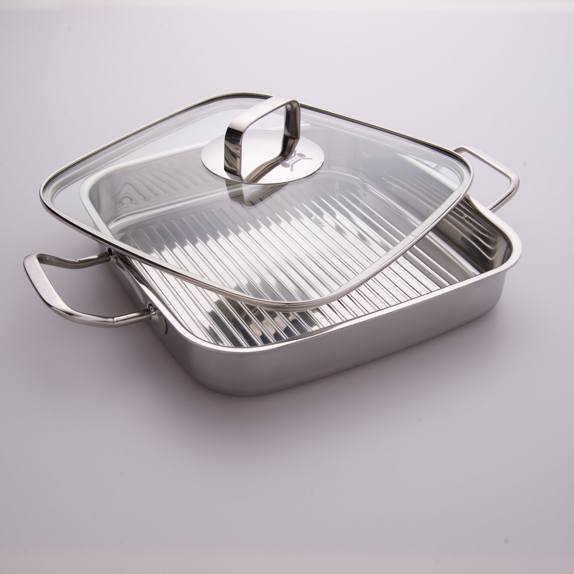 Bistecchiera in acciaio inox 5 strati con coperchio in vetro