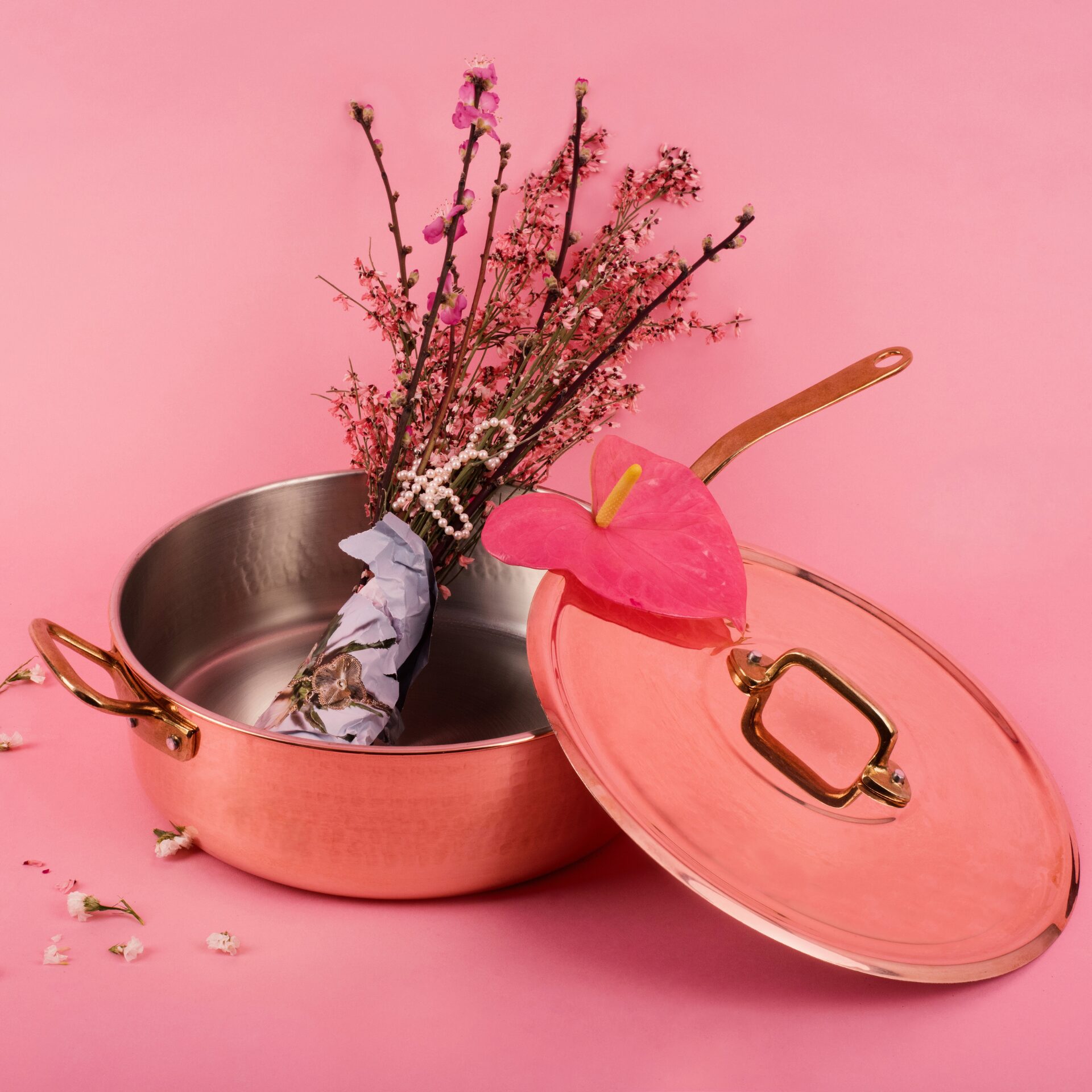 Sauteause in rame ø 30 cm DiamondTin con maniglia artigianale e coperchio-3